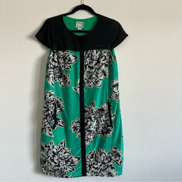 Maeve‎ Anthropologie Silk Ayame Dress Green/Black Floral Pockets - Picture 2 of 7